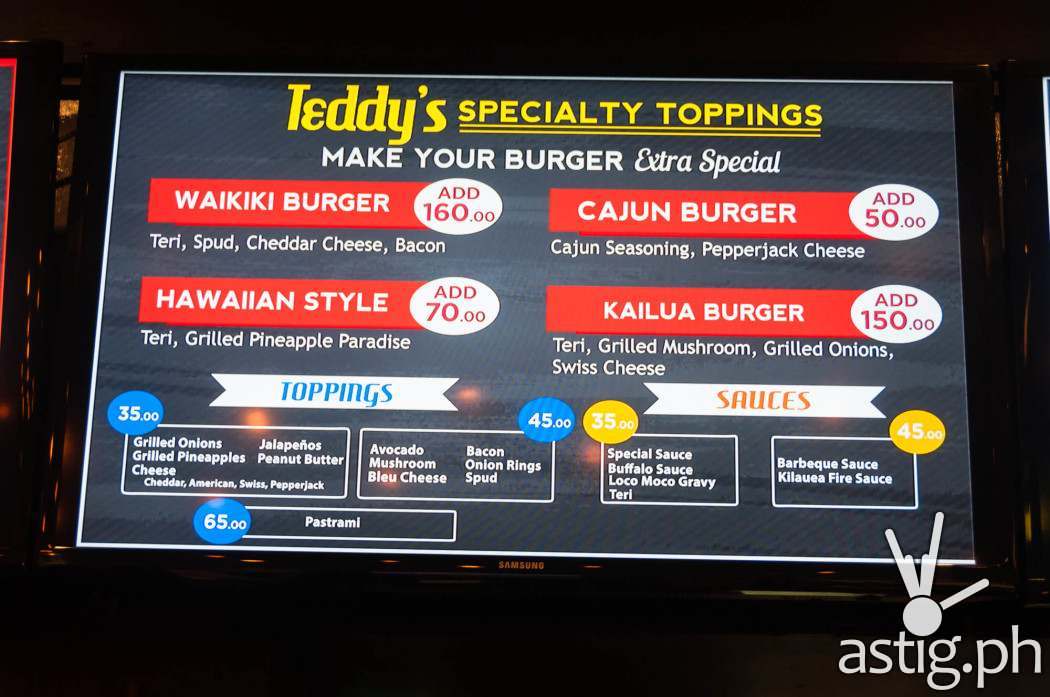 Teddy's Bigger Burgers Philippines add-on menu with price