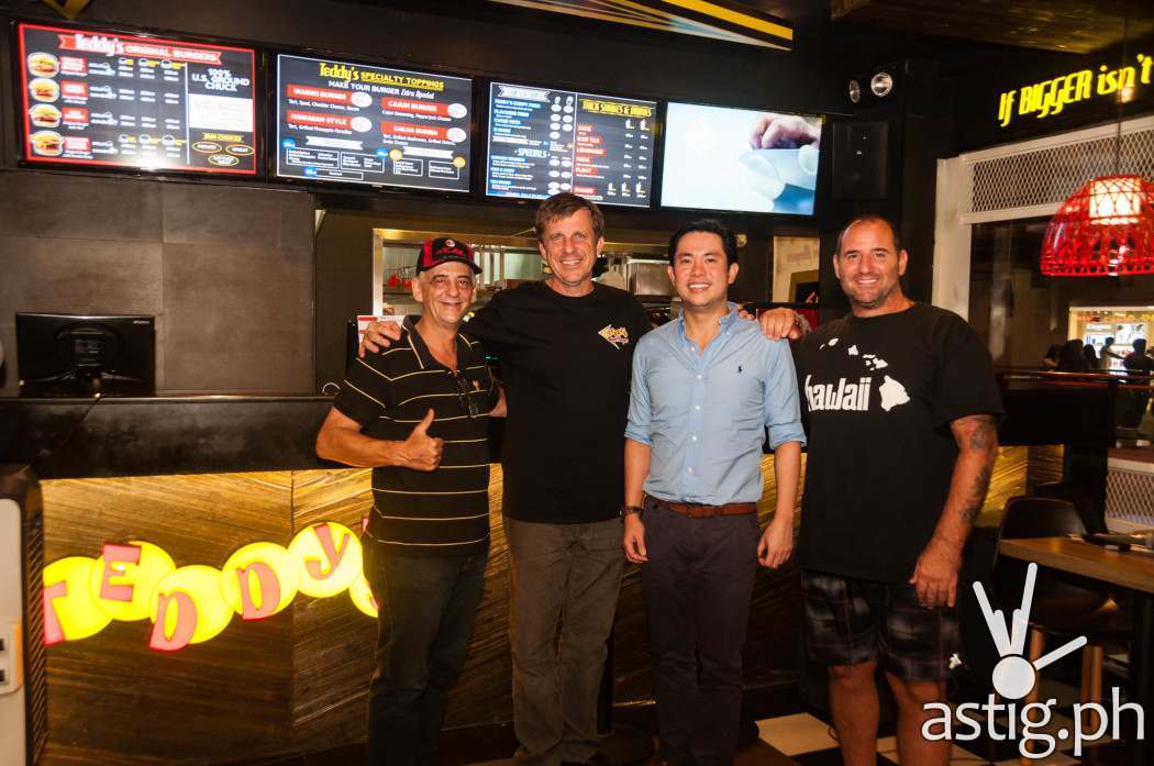 Rich Stula and Ted Tsakiris with Teddy's Bigger Burgers Philippines owner Ricky Laudico