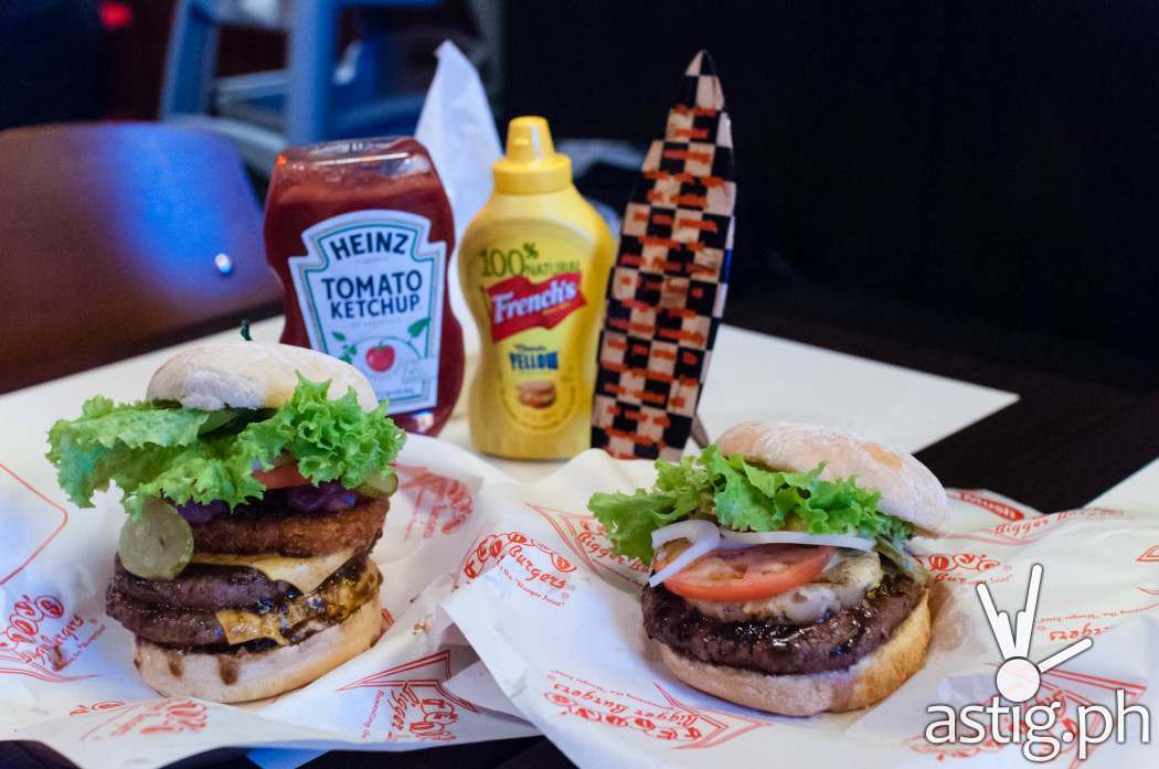 Waikiki double burger (left) and Hawaiian single burger (right) at Teddy's Bigger Burgers Philippines
