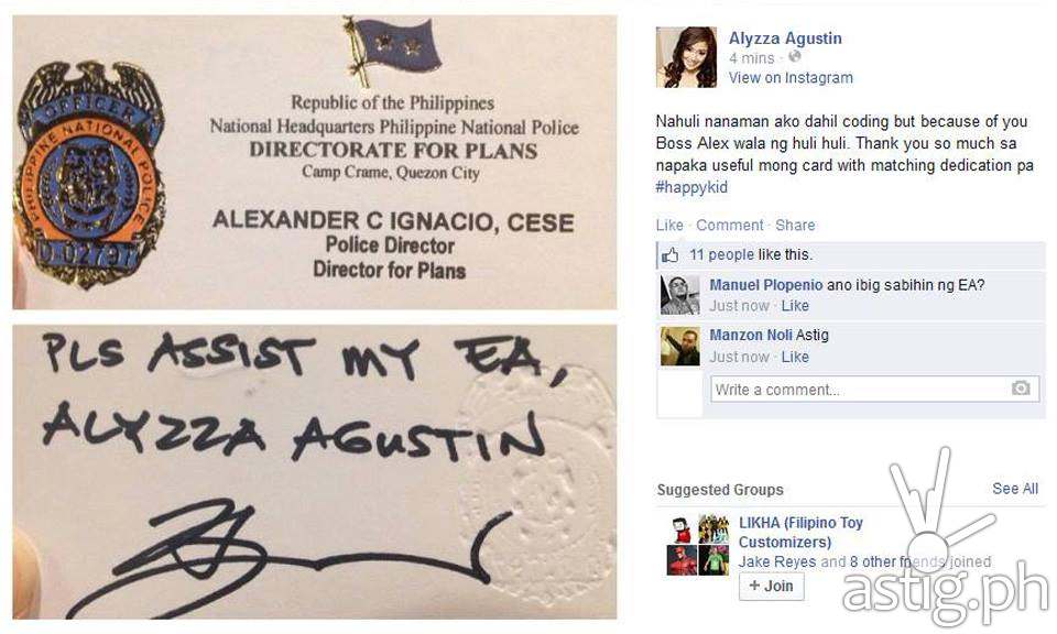 Alyzza Agustin's Facebook post showing a business card from PNP Director Alexander Ignacio