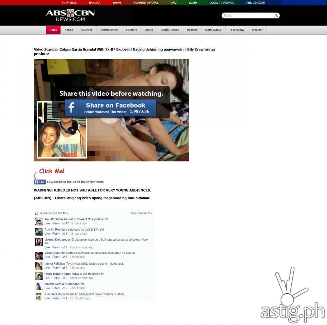 Screenshot of the fake phishing site that looks like ABS-CBN News and offers a video of Coleen Garcia's sex scandal with her ex-boyfriend