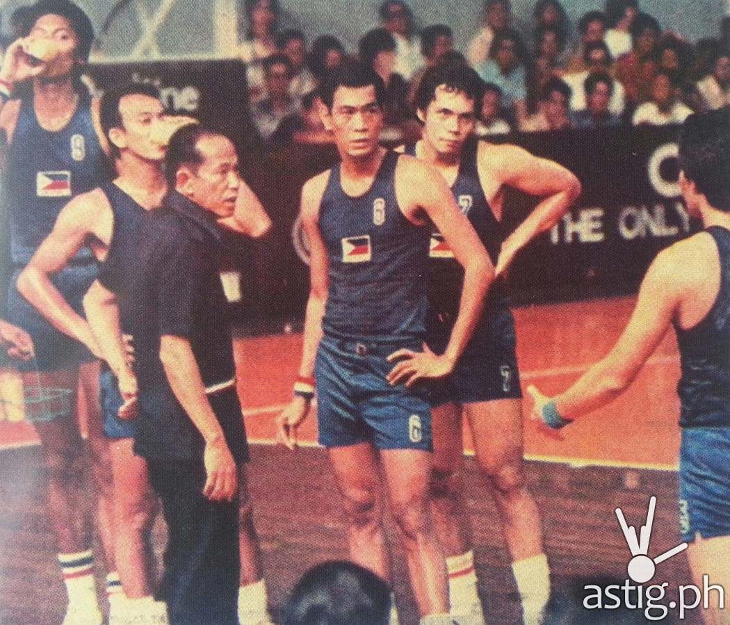 Coach Tito Eduque instructing his players Abet Guidaben (#9), Yoyong Martirez, Tembong Melencio (#6), and Robert Jaworski (#7) Philippine Basketball Team 1974 FIBA World Championship