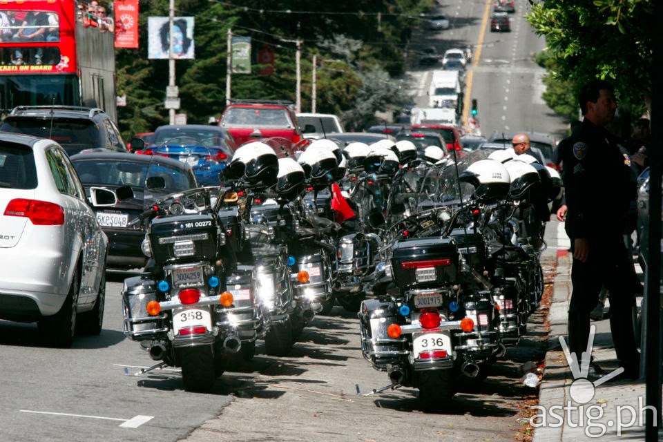 Philippine President Noynoy Aquino is escorted by at a massive police escort during his visit to San Francisco