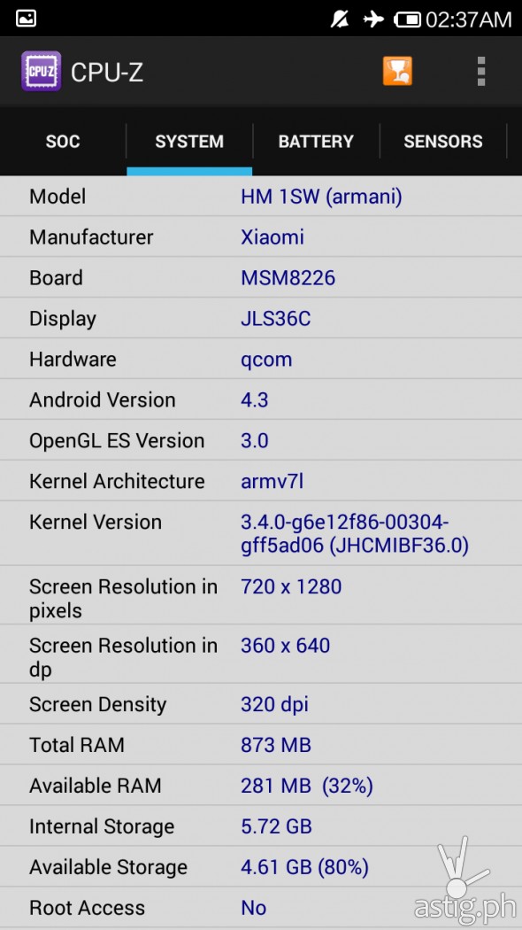 RedMi 1S running idle (RAM and storage)