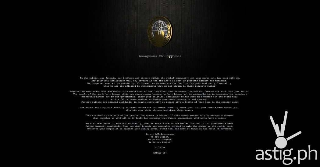 Screenshot of defaced government website hacked by Anonymous Phillippines