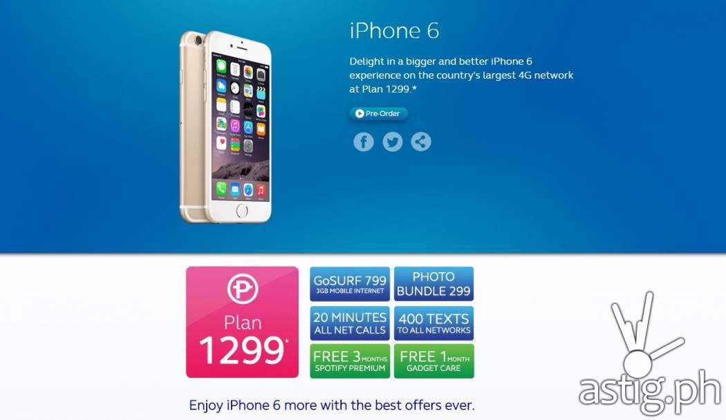 At plan 1299, subscribers can avail of the iPhone 6 with 800 PHP monthly cashout for 24 months