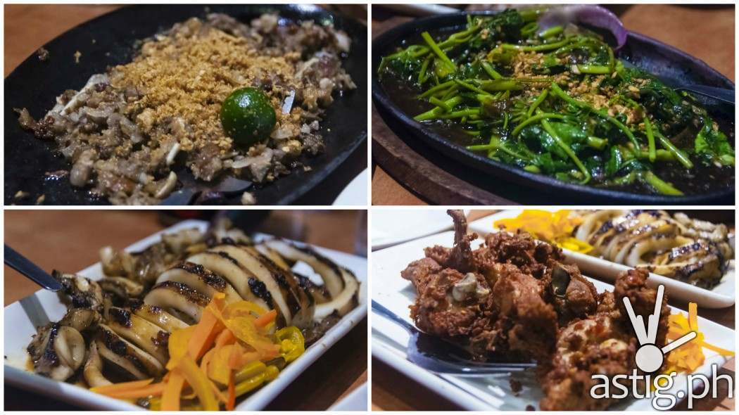 Dinner highlights (from top-left): sizzling pork sisig (198 PHP), sizzling kangkong (155 PHP), grilled squid (355 PHP), and spicy garlic fried chicken (255 PHP)