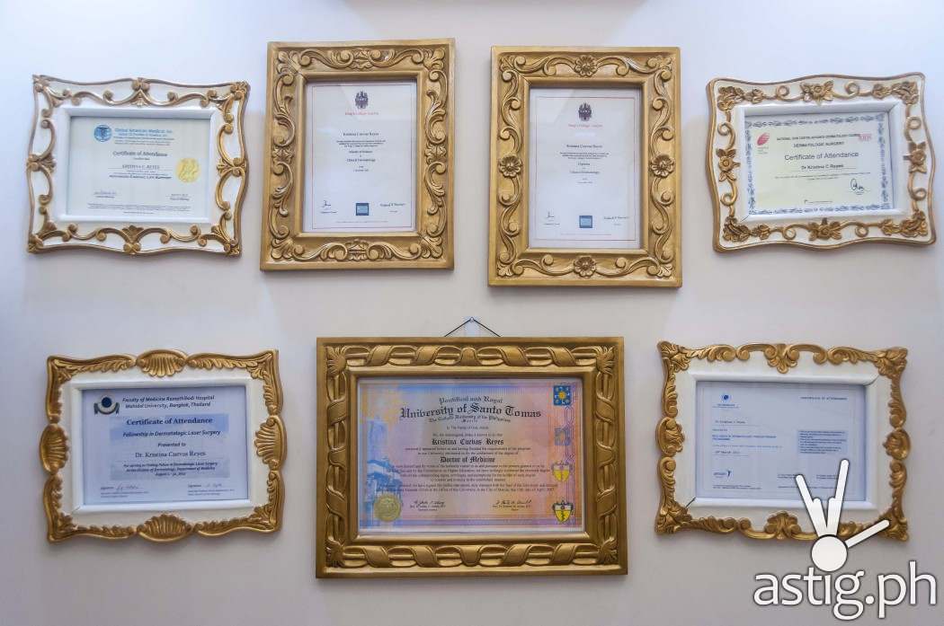 Diplomas and certificates adorn the walls of Dr. Kaycee Reyes' office in Luminisce