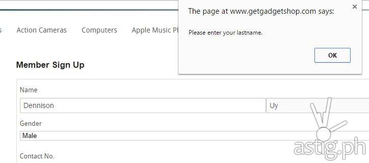 The signup page at GetGadget Shop requires at least 2 characters in the last name field
