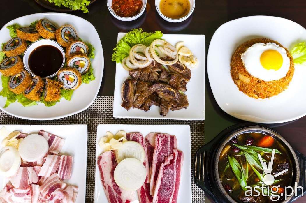 Clockwise from top-left: Tonkatsu Kimbap, LA Galbi,  Bokkumbap, Galbi Jjim, Woosamgyup, Samgyeopsal at Leann's Tea House