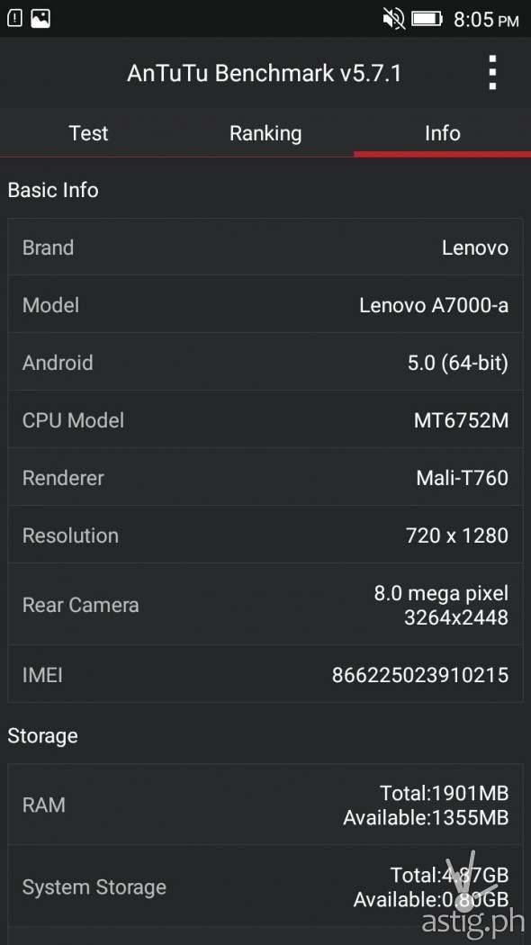 Lenovo A7000 device information in AnTuTu