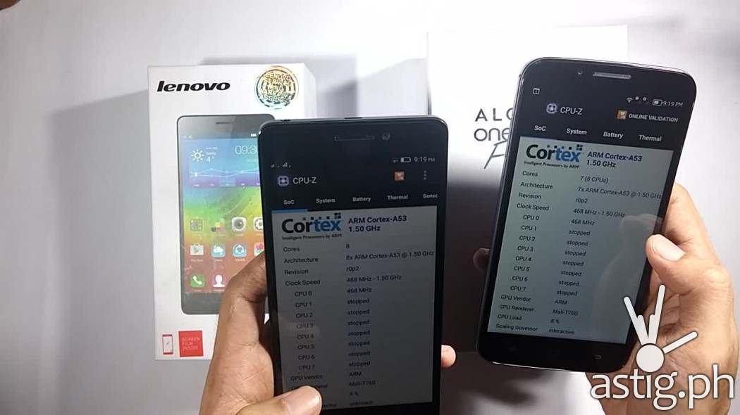 In AnTuTu Alcatel ONETOUCH Flash Plus only shows 7 cores but 8 CPU vs 8 cores on the Lenovo A7000