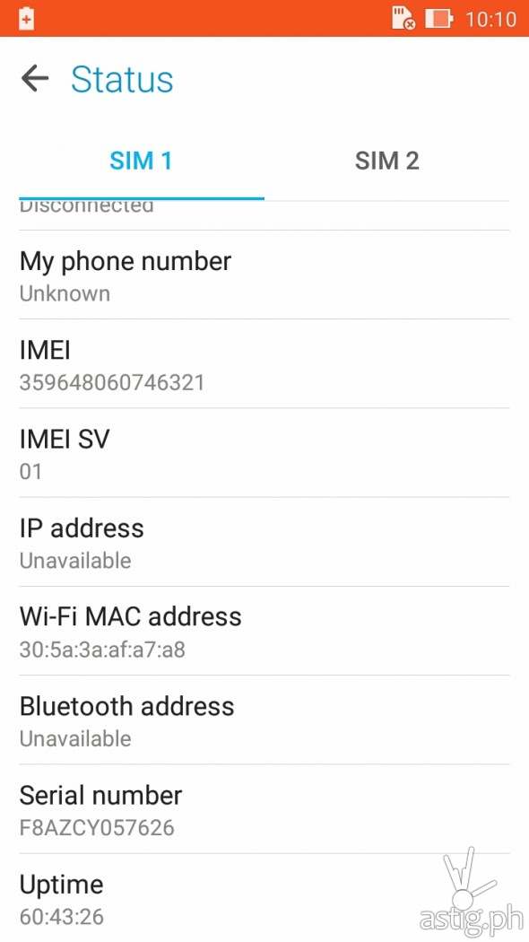 ASUS Zenfone 2 Laser system status showing uptime