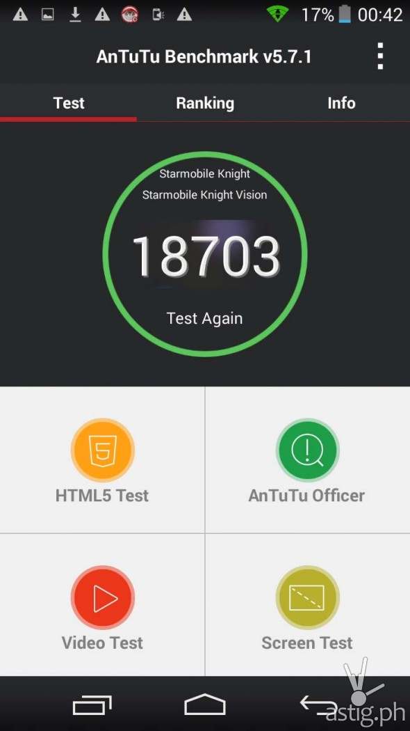 Starmobile Knight Vision smartphone digital TV Antutu speed test results screenshot