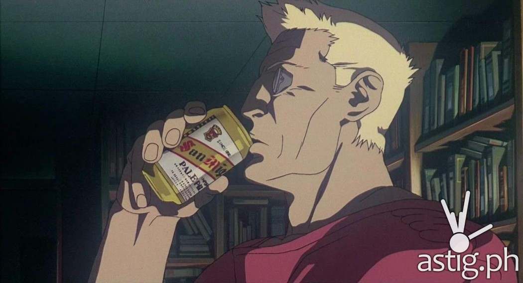 Batou from Ghost in the Shell drinking San Miguel Beer