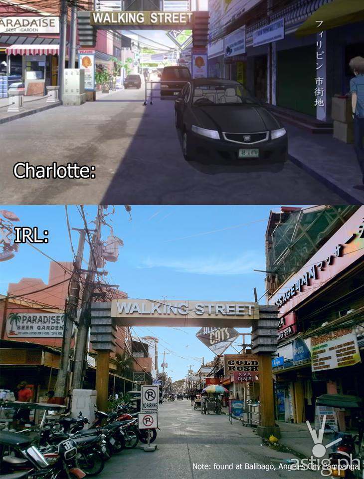 Charlotte Episode 13 rendering vs real-life Walking Street in Balibago Angeles City Pampanga