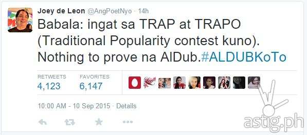 Joey De Leon tweets against supporting TRAPO or Traditional Popularity Contests