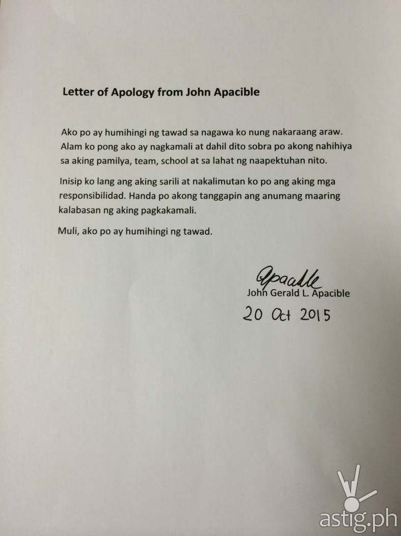Letter of apology from John Apacible