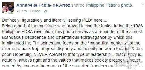 Seeing RED: Facebook post by Annabelle Fabia-de Arroz