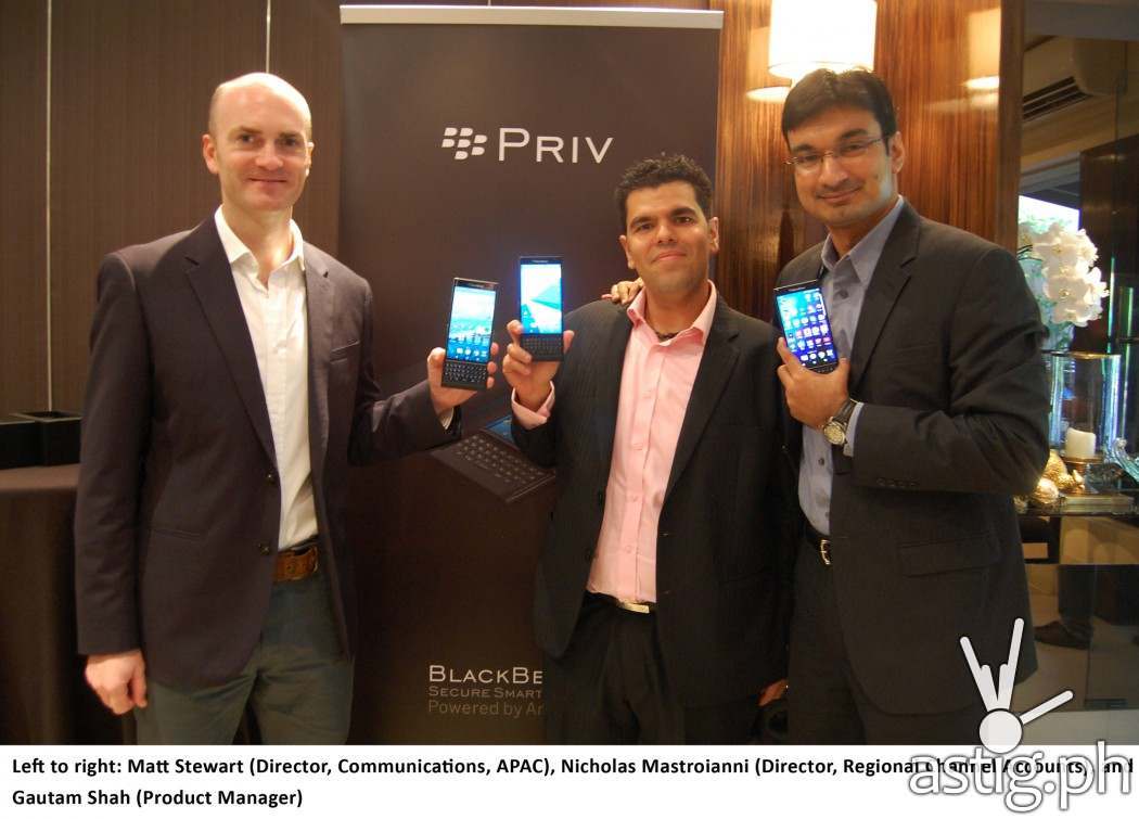 Matt Stewart (Director, Communications, APAC), Nicholas Mastroianni (Director, Regional Channel Accounts), and Gautam Shah (Product Manager) at the launching of the Blackberry PRIV