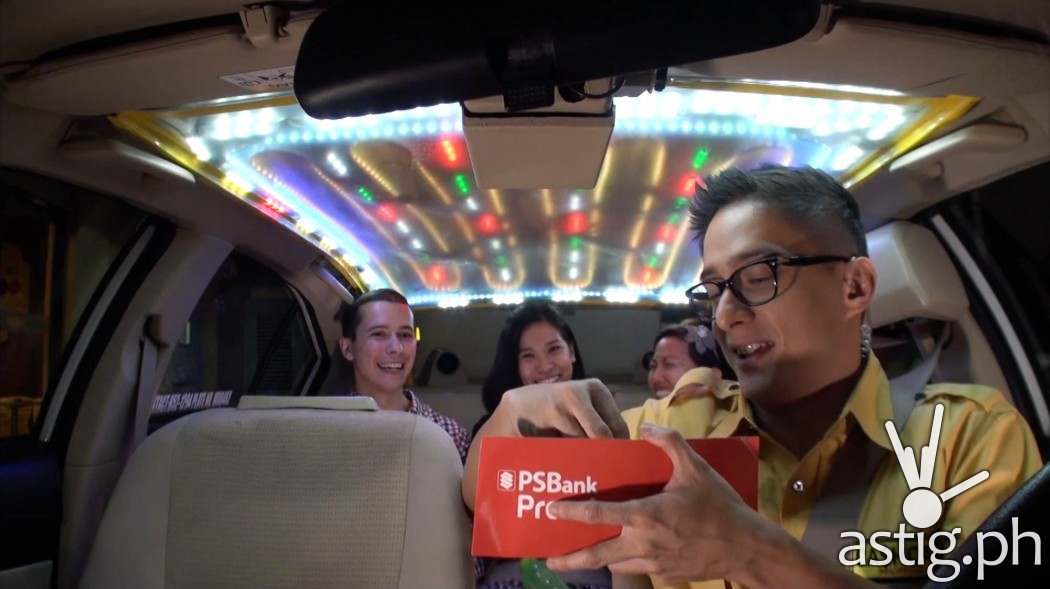 Ryan Agoncillo around in the Cash Cab - which looks like any other cab from the outside, except the driver will actually pay you!