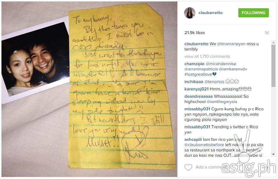 Rico Yan's love letter to claudine Claudine Barretto was posted her Instagram account on Sunday, December 27