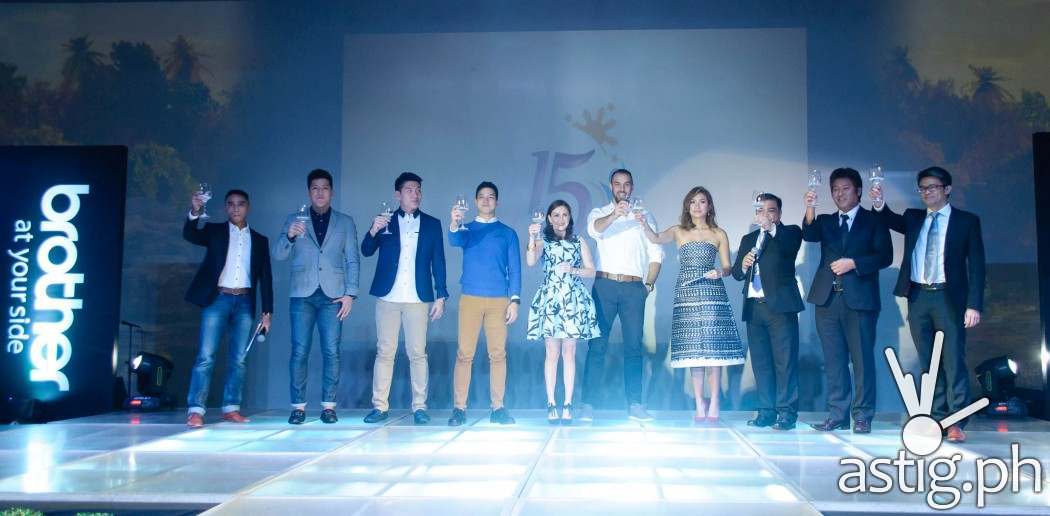 Brother Philippines 15th anniversary celebration (left to right: Boom Gonzales, Jeric Teng, Jeron Teng, Elmo Magalona, Cheska Kramer, Doug Kramer, Phoemela Barranda, Glenn Hocson, Masao Kasagi, Lim Heng Boon)