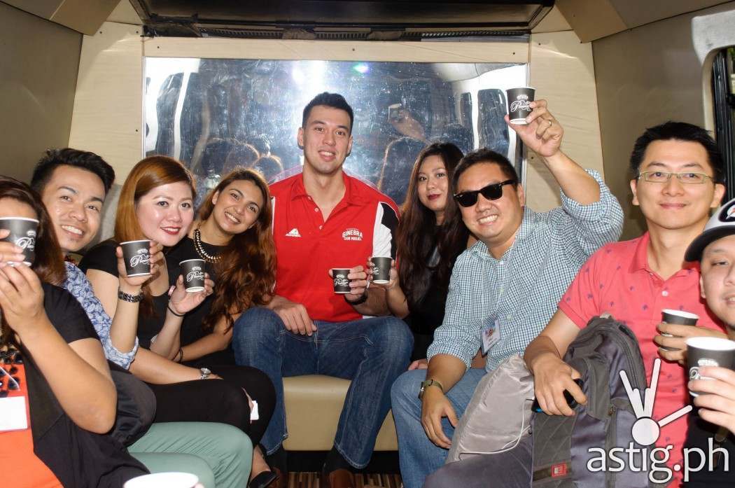 Greg Slaughter with members of the media inside The Party Bus Gindependence Day Ginebra San Miguel