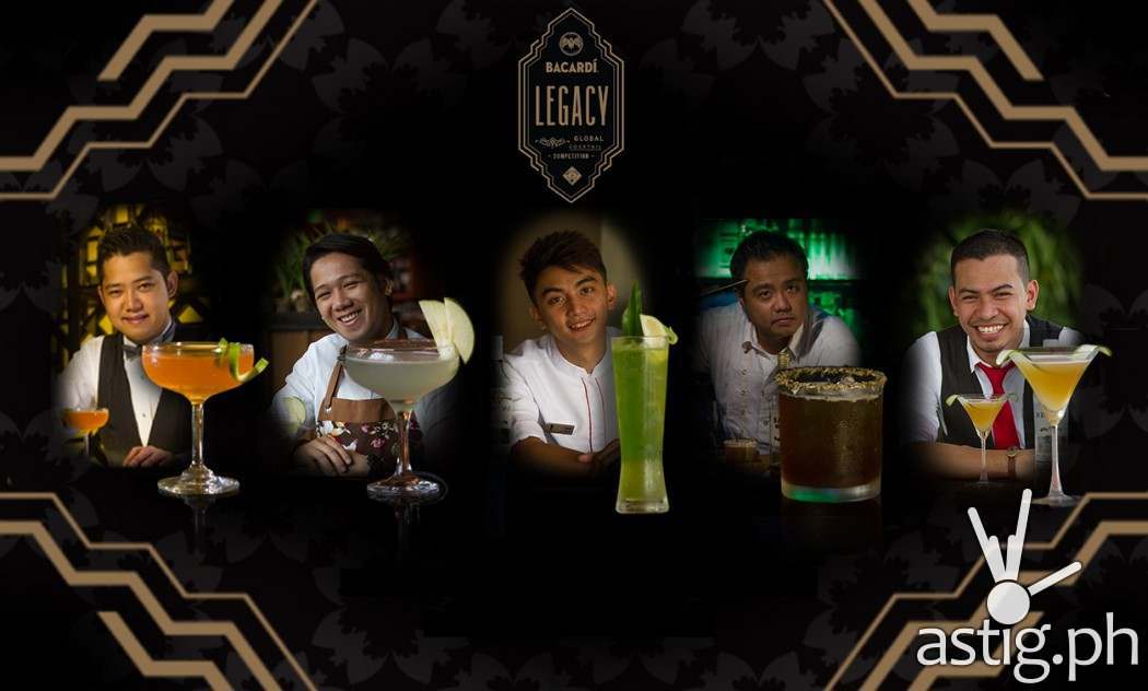 Bacardi Legacy Cocktail Competition Top 5 finalists with their signature Bacardi cocktail drink. (L-R Bequest by Joey Cerdinia of Exit Bar Makati (4th runner-up); Little man by Mark Alvin Tolentino of Revel by the Palace Fort (1st runner-up); Kalikasan by Mark Jerrold Bernard ino of Scarlet Fort (3rd runner-up); El Tindero by Richie Cruz of Café Enye Bar Eastwood (Champion) and Island Souvenir by Marnel Masallo of Skye Lounge Fort (2nd  runner-up)