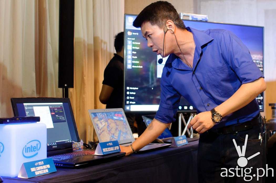 Jason Ty, Channel Platform Manager, demonstrates the overclockable laptop