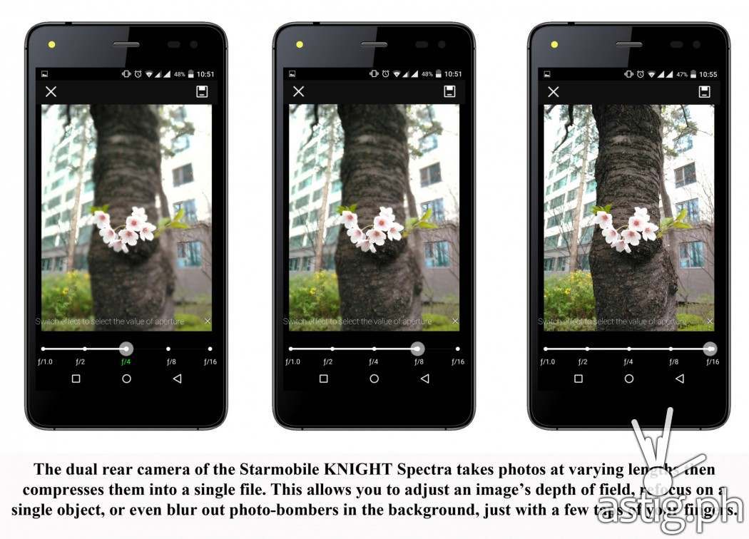The dual rear camera of the Starmobile KNIGHT Spectra takes photos at varying lengths then compresses them into a single file. This allows you to adjust an image’s depth of field, refocus on a single object, or even blur out photo-bombers in the background, just with a few taps of your fingers.