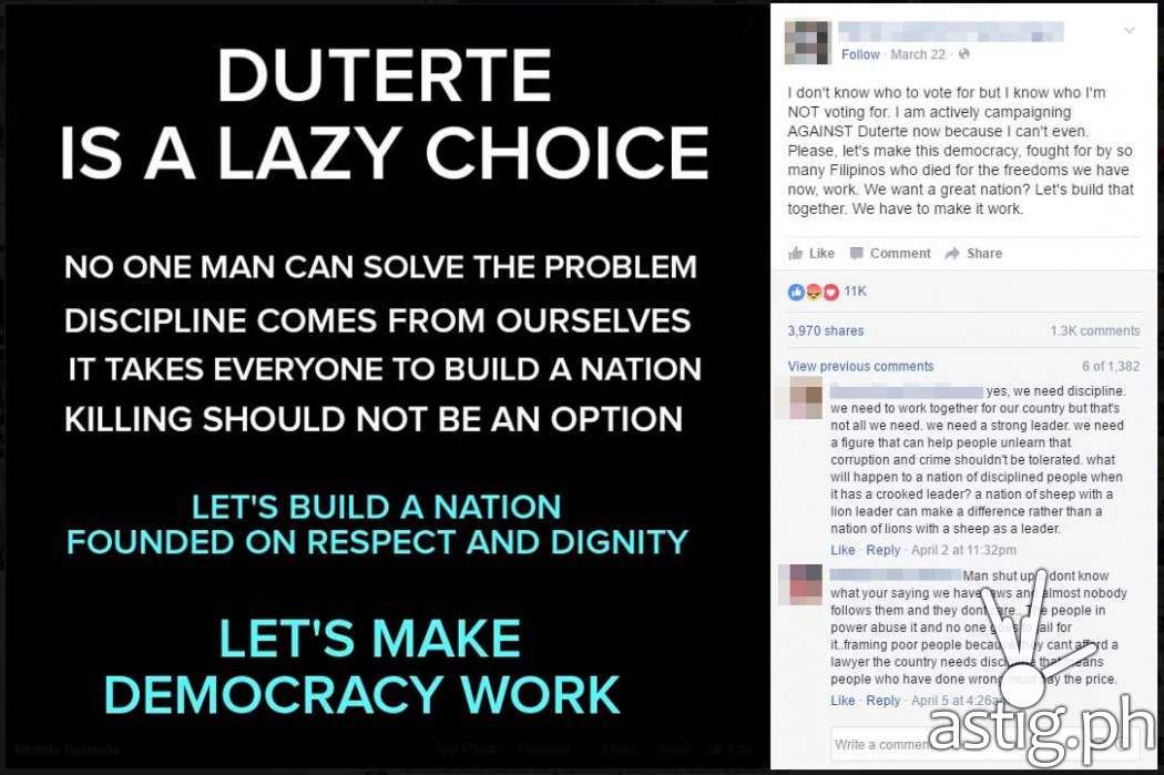 "Duterte is a lazy choice" post on Facebook