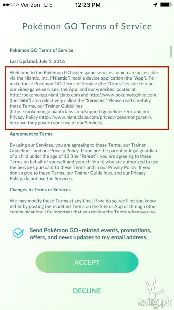 Pokemon Go Terms of Service