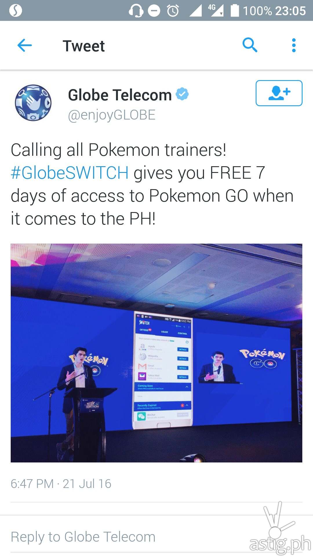 Pokemon Go announcement posted on Globe Telecom's official Twitter account