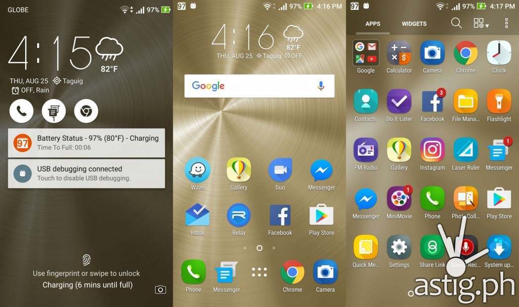 ASUS ZenFone 3 ZenUI interface - lock screen, home screen, and app drawer