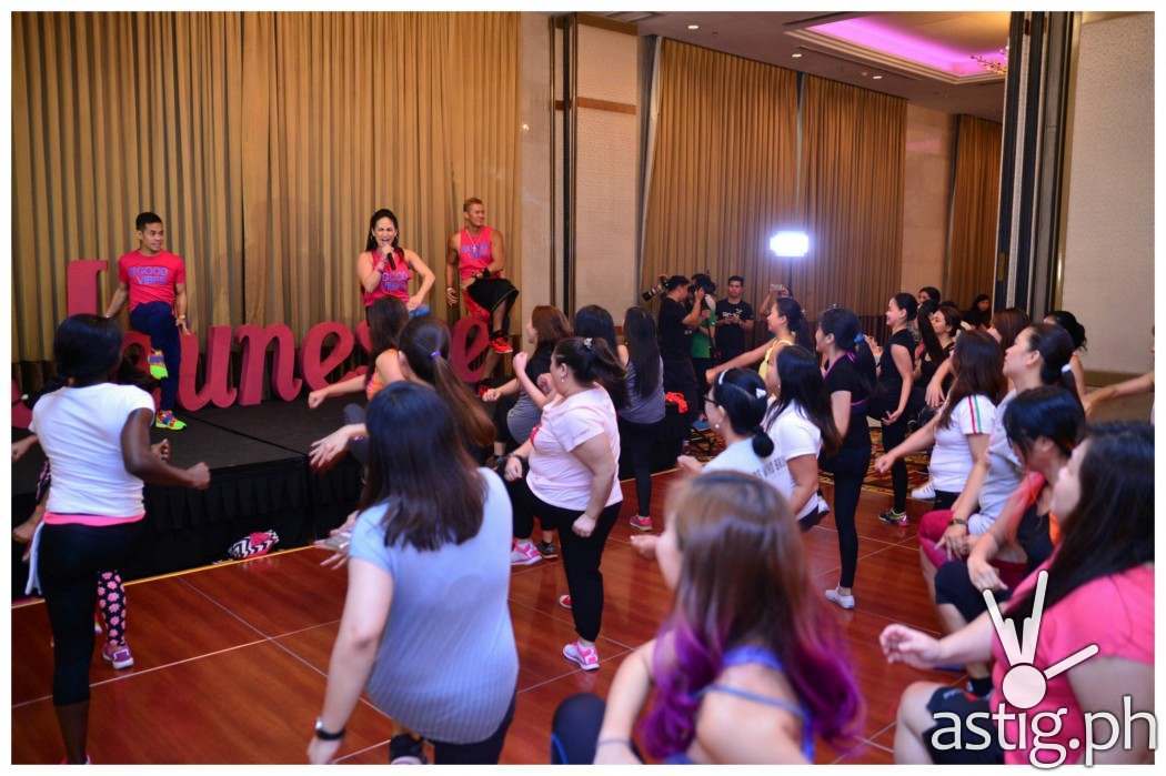 Celebrity Mom and certified Zumba instructor Regine Tolentino with Zumba instructors Martin Canate and Chin Sonesing hyping up the women crowd during the event