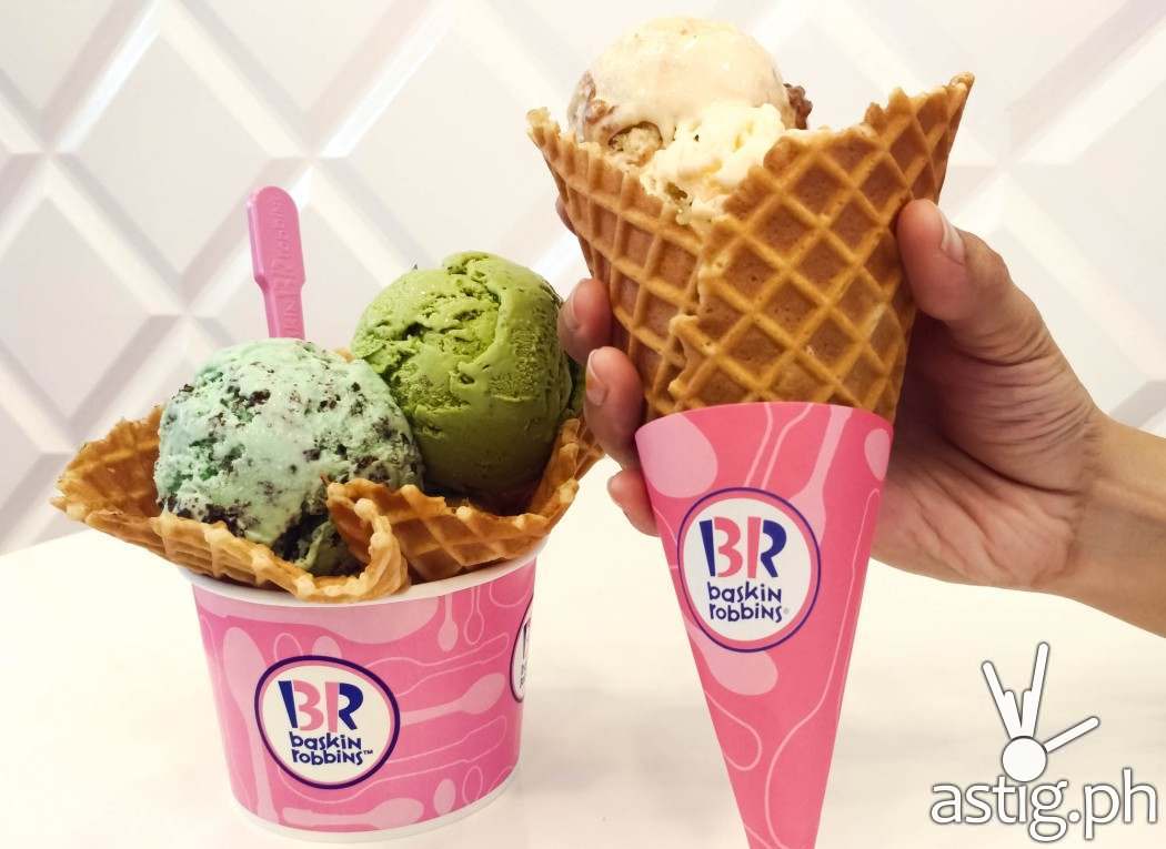 Ice Cream in waffle cone and cup from Baskin-Robbins BGC