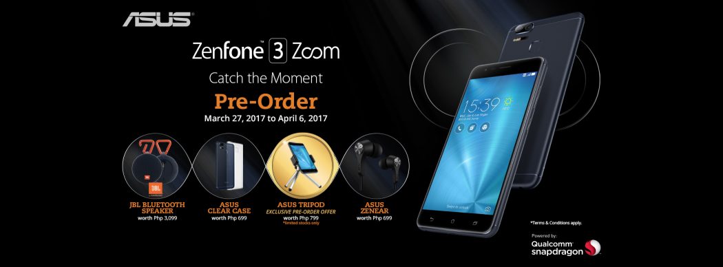 Pre-order the ZenFone 3 Zoom today to get freebies such as a tripod, clear case, and JBL Bluetooth Speakers worth P3,099