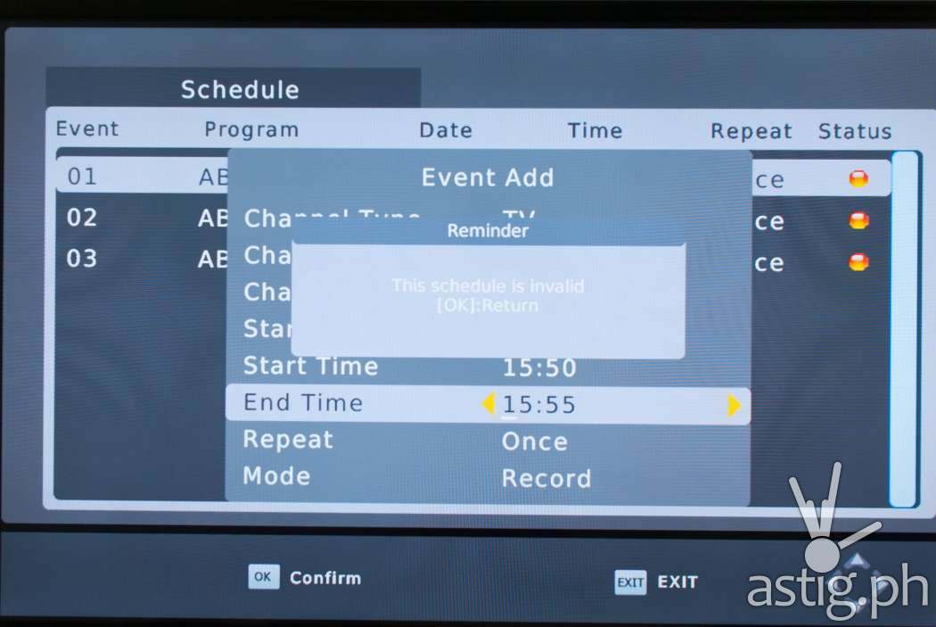 Make sure you provide a valid start and end date / time when manually scheduling recordings on the WOW! TV Box