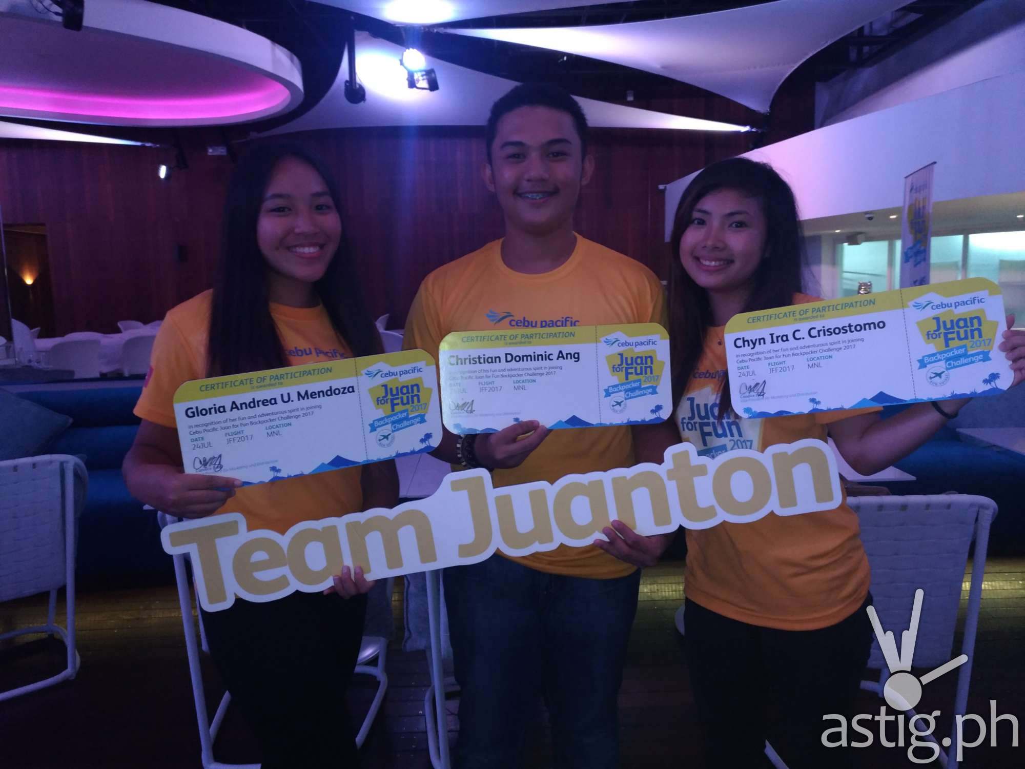 Geia, Chyn, and Cristian from Team Juanton are the winners of the Juan for Fun Backpacker Challenge from Cebu Pacific