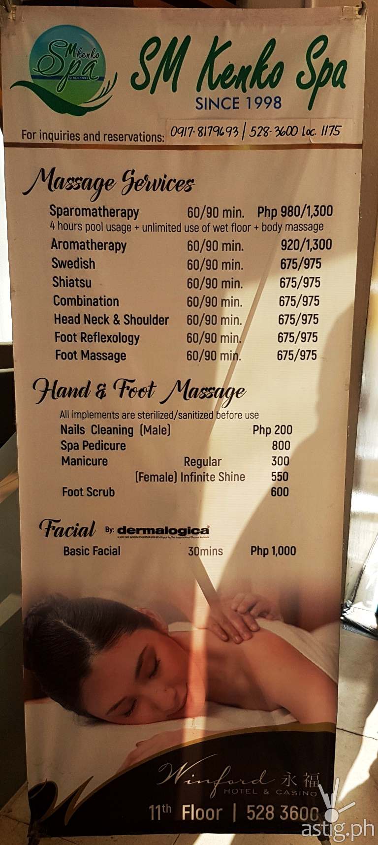 SM Kenko Spa at Winford Hotel Manila - Price list