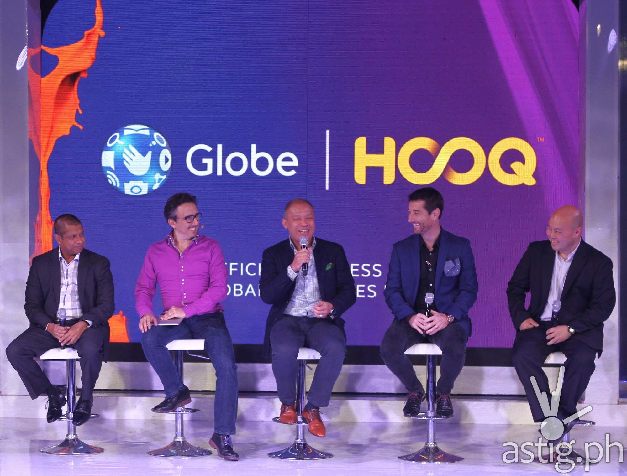 Globe executives at the official launching event of HOOQ in the Philippines [L-R] Warner Bros. Digital Distribution Vice President for Business Strategy Anuraj Shavantha Goonetilleke, HOOQ CEO Peter Bithos, Globe Telecom President and CEO Ernest Cu, Globe Telecom Senior Advisor for Consumer Business Dan Horan and Sony Pictures Executive Vice President for Networks George Chung-Chi Chien