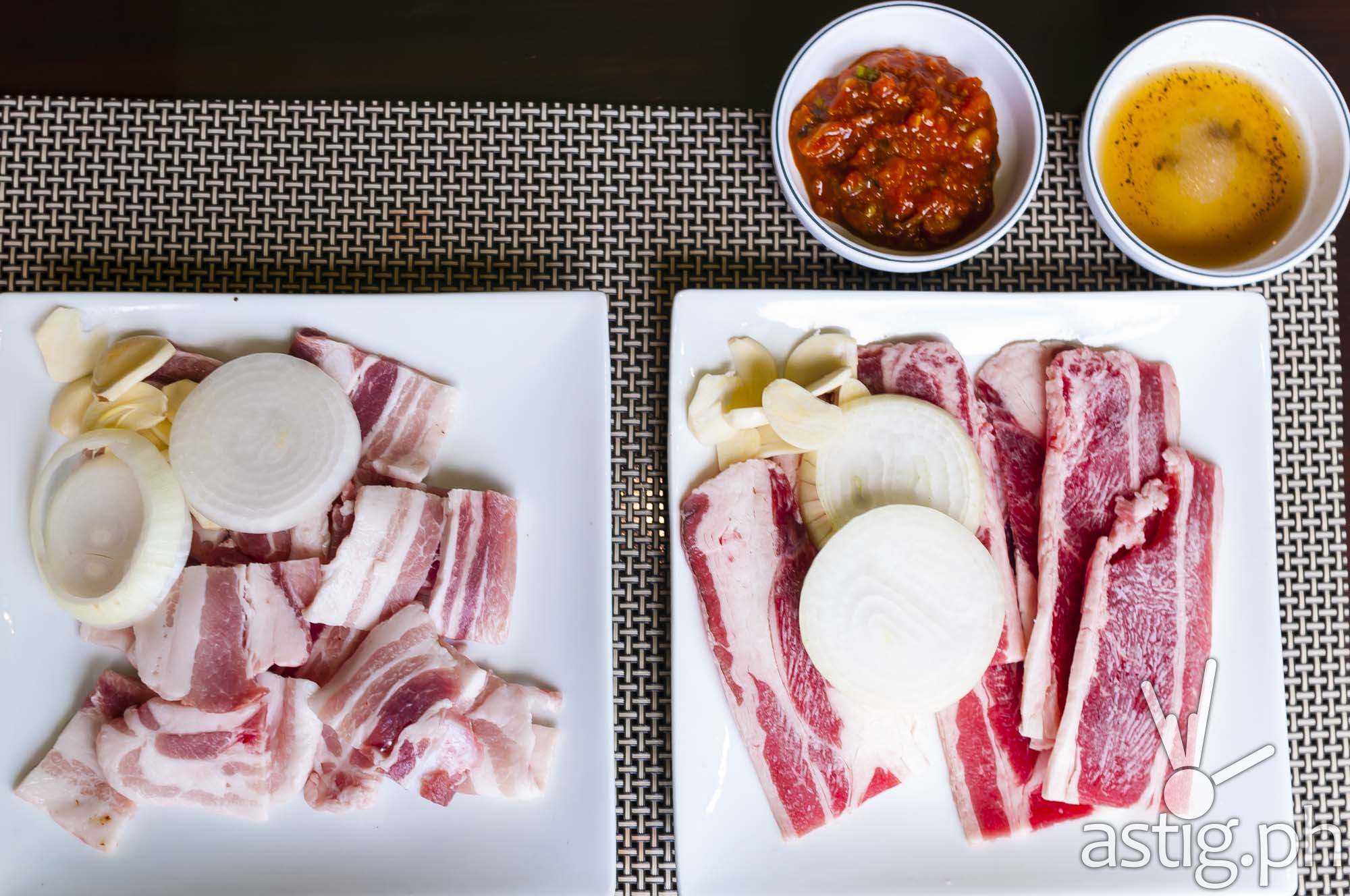 Raw Samgyeopsal (pork belly) and Woomamgyeop (beef belly) at Leann's Tea House