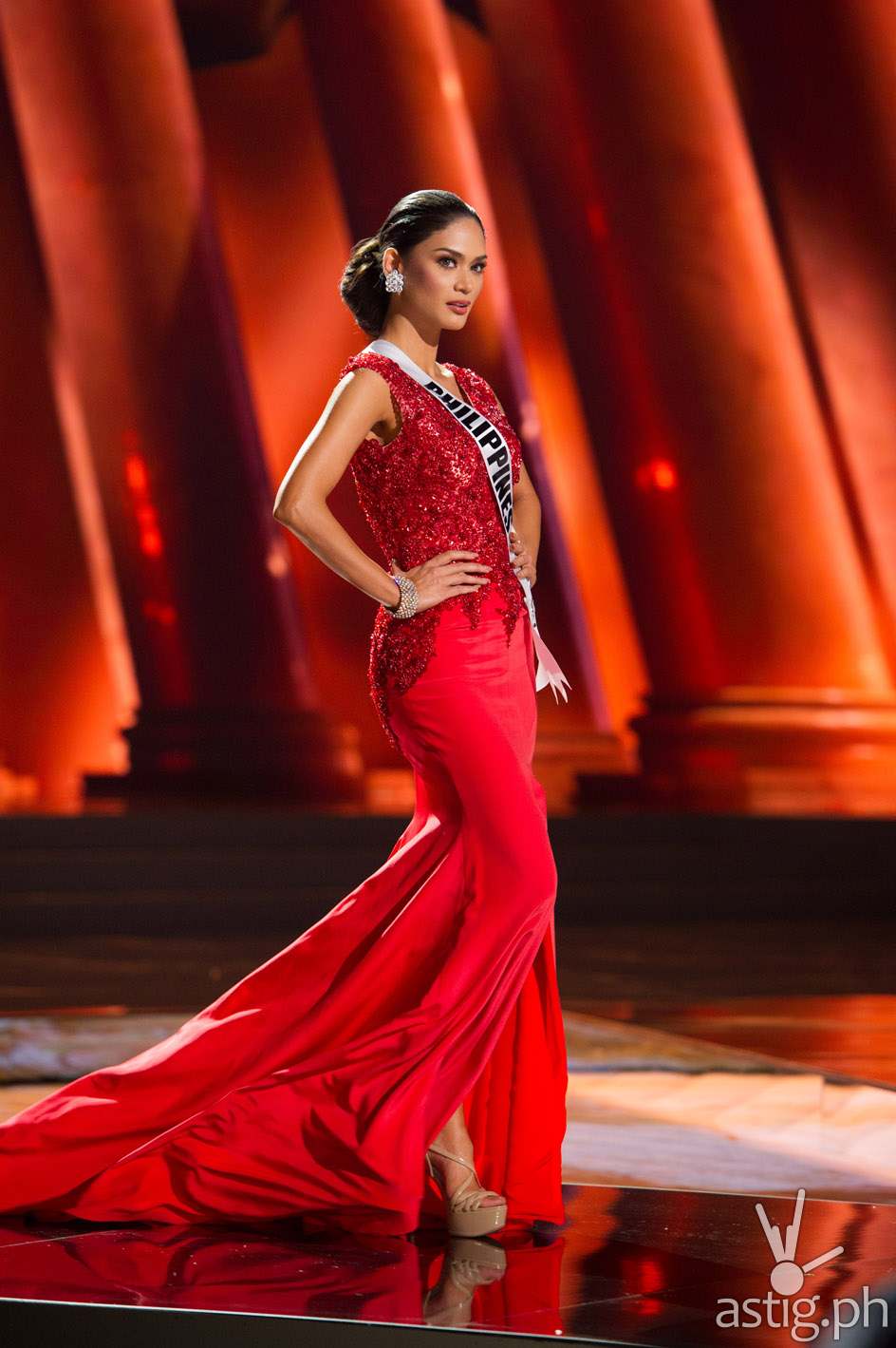 Pia Alonzo Wurtzbach, Miss Philippines 2015, competes on stage in her evening gown during The 2015 MISS UNIVERSE® Preliminary Show at Planet Hollywood Resort & Casino Wednesday, December 16, 2015. The 2015 Miss Universe contestants are touring, filming, rehearsing and preparing to compete for the DIC Crown in Las Vegas. Tune in to the FOX telecast at 7:00 PM ET live/PT tape-delayed on Sunday, Dec. 20, from Planet Hollywood Resort & Casino in Las Vegas to see who will become Miss Universe 2015. HO/The Miss Universe Organization