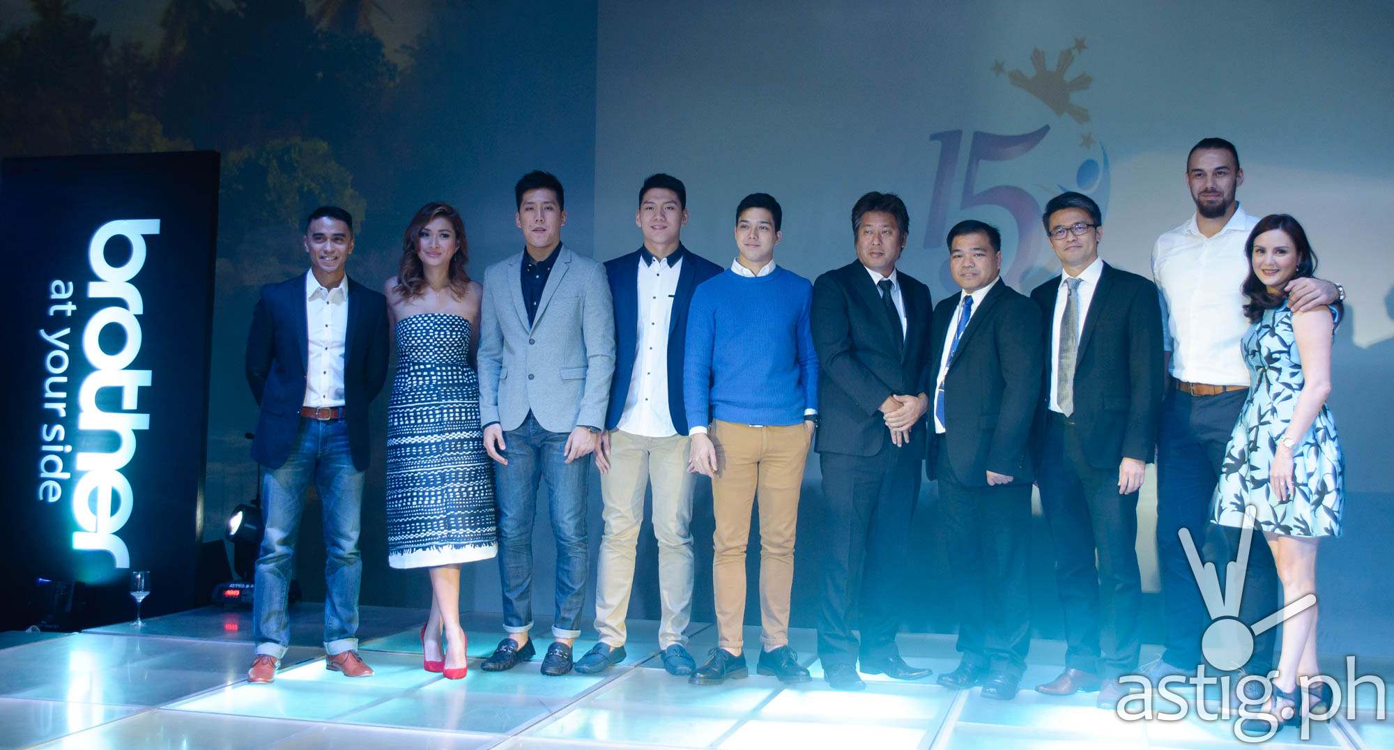 Brother Philippines 15th anniversary celebration (left to right: Boom Gonzales, Phoemela Barranda, Jeric and Jeron Teng, Elmo Magalona, Masao Kasagi, Glenn Hocson, Lim Heng Boon, Doug and Cheska Kramer)