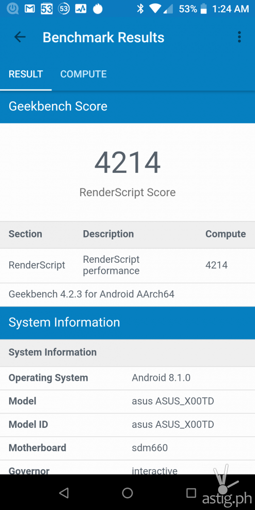 Performance benchmark score Geekbench - ASUS Zenfone Max Pro M1