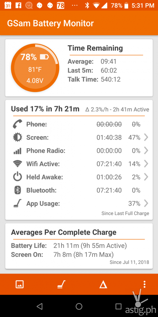 Battery life benchmark GSam - ASUS Zenfone Max Pro M1