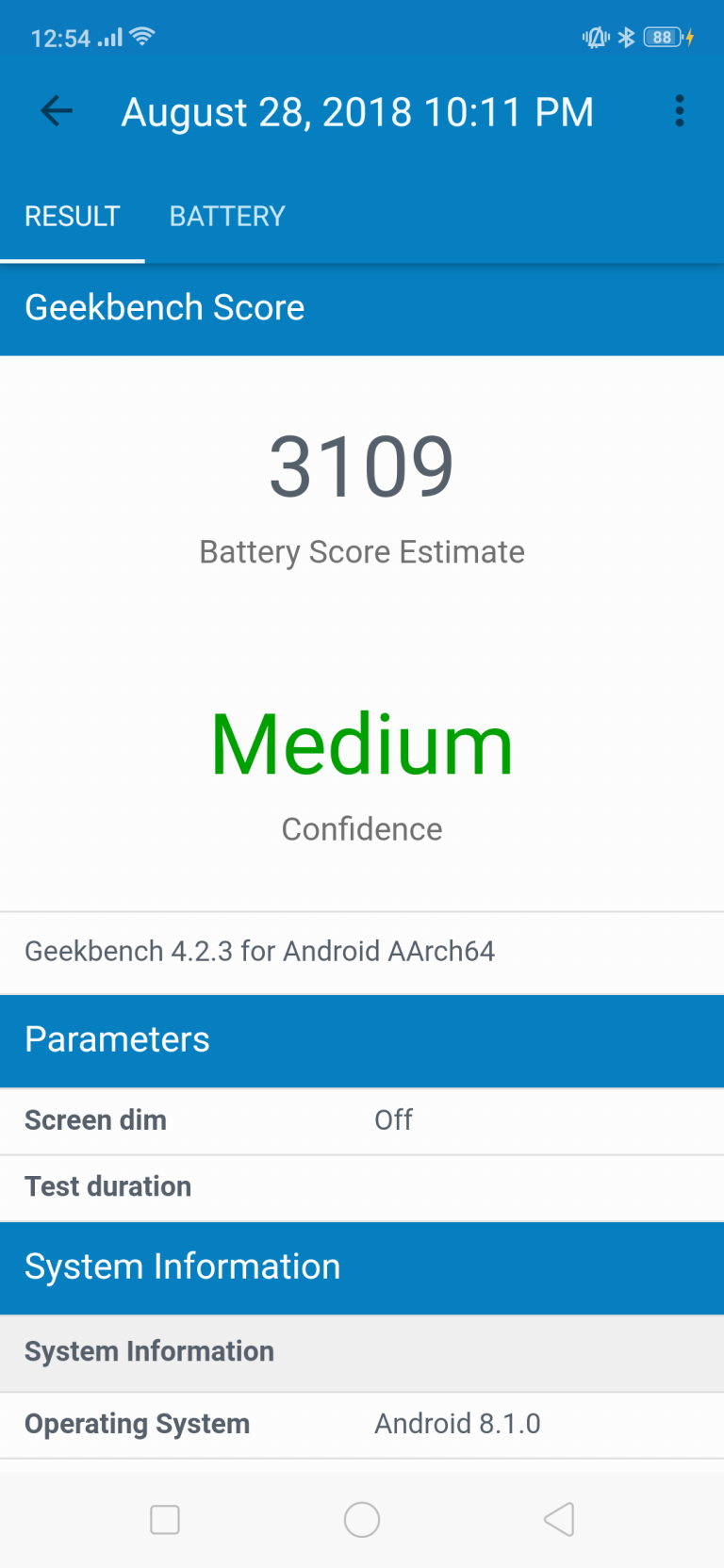 Geekbench battery life benchmark (partial discharge) at 50% brightness - OPPO F9