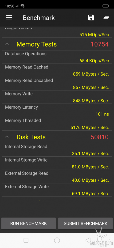 PerformanceTestMobile memory disk benchmark results - OPPO F9