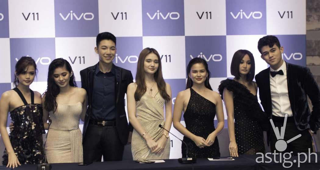 Maris Racal, Vern Enciso, Darren Espato, Julie Ann San Jose, Verniece Enciso, Chienna Filomeno, and Iñigo Pascual at the Vivo V11 Philippine launch held in Bonifacio Global City, Taguig